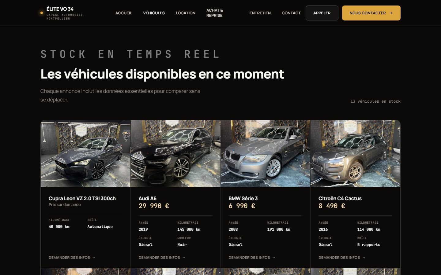 Site Élite VO 34, stock de véhicules